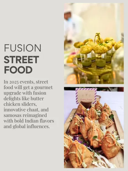 Fusion street food is a major trend, and we are at the forefront. This graphic showcases our gourmet upgrades to classics like chaat and samosas, reimagined with bold Indian flavors.