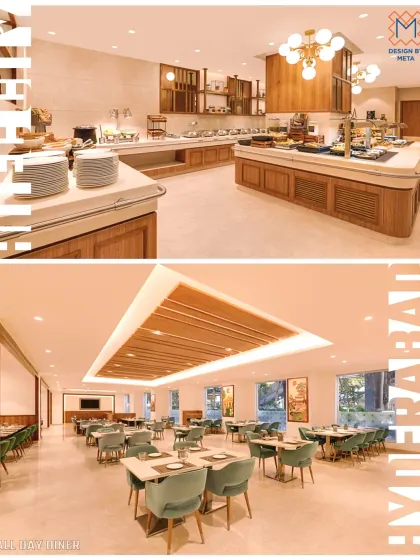 The all-day diner at Lemontree Premier, Hyderabad. We designed a clean, modern space with a mix of mint green chairs and a streamlined buffet counter to create a refreshing and functional dining environment.