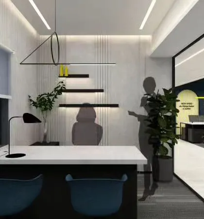 A conceptual render for a minimalist office. The design uses a palette of greys and whites with a hint of blue, featuring clean lines and open sightlines from the private cabin to the main workstation area.