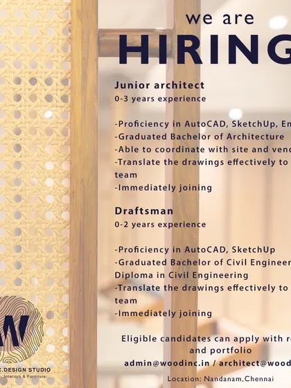 Wood Inc. Design Studio in Chennai is hiring a Junior Architect and a Draftsman.