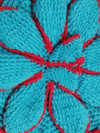 A beautiful flower-petal dress made with thick blue wool and outlined in red. This design is very warm and has a unique, layered look.