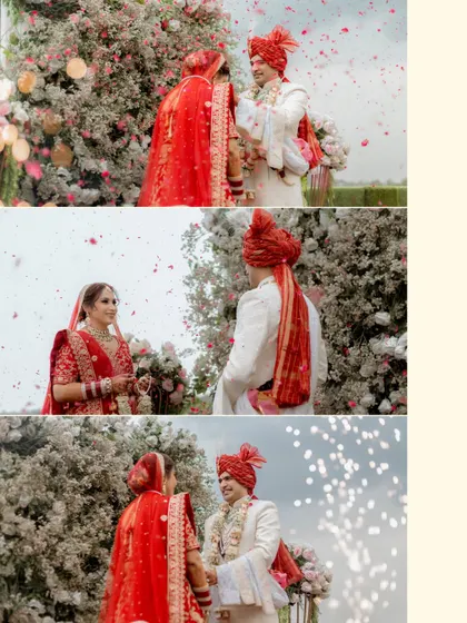 A collage of the Varmala ceremony, capturing the exchange of garlands and the shower of rose petals, freezing the joy of the moment.