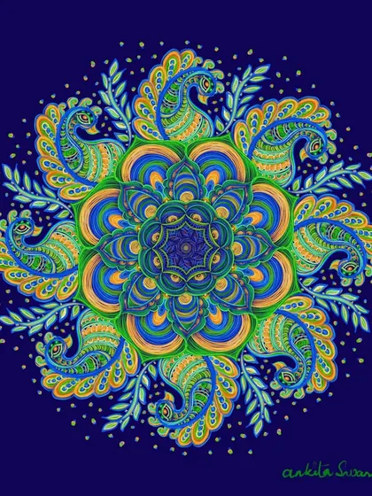 A stunning, full-circle digital mandala featuring intricate peacock motifs and a rich color palette of blues, greens, and golds, a prime example of my detailed mandala work.