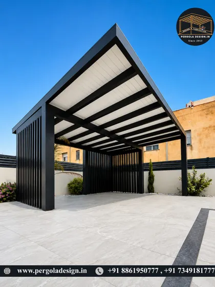 A demonstration of bold, minimalist design. This freestanding carport is constructed with a heavy-duty black steel frame and a contrasting white panelled roof. The strong vertical lines of the support pillars create a powerful architectural statement, offering a modern and stylish shelter.