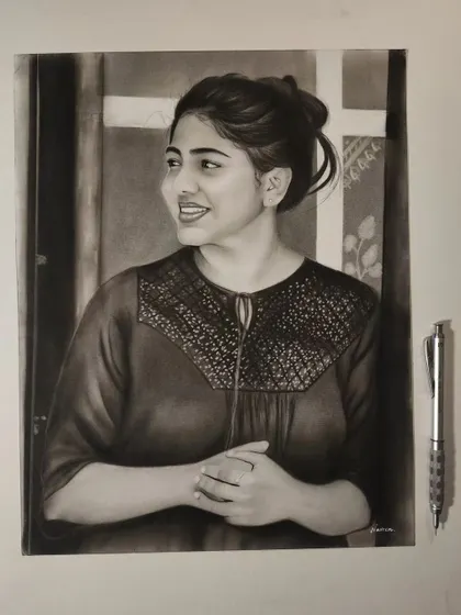 A finished portrait of a woman with her hair in a bun. The background details add context and depth to the drawing.