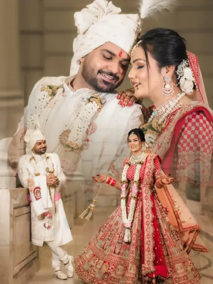 A romantic collage of a couple on their wedding day, blending different poses and expressions.