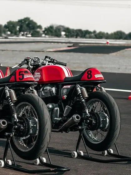 Two of our GT-650s on stands, showcasing their classic cafe racer lines combined with modern track-ready modifications.