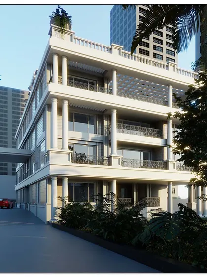 Another rendering of the Hampton style residence in Worli. This view shows the driveway approach and how the classical columns and detailed balustrades create a grand entrance.
