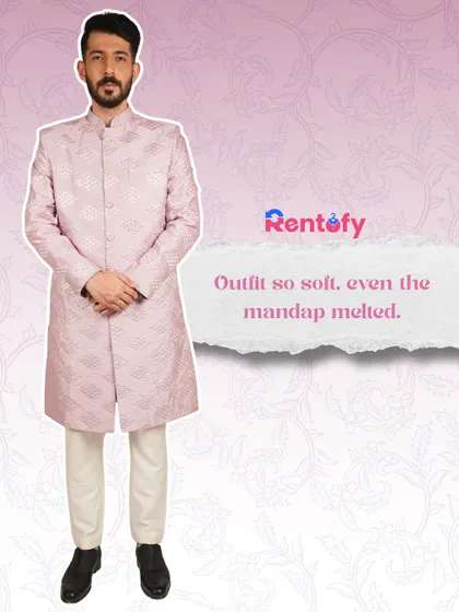 An outfit so soft, even the mandap melted. This graphic features a beautiful pastel pink sherwani, perfect for a daytime wedding.