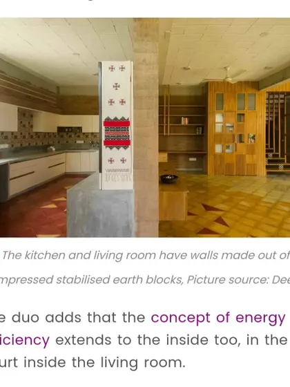 This feature highlights the use of compressed stabilized earth blocks for the walls in the kitchen and living room of "Breathe," a key component of its sustainable design.