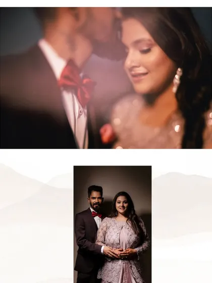 A collage from an engagement shoot, featuring a romantic close-up and a full-length portrait. This shows the blend of intimacy and style that I aim for in pre-wedding sessions.