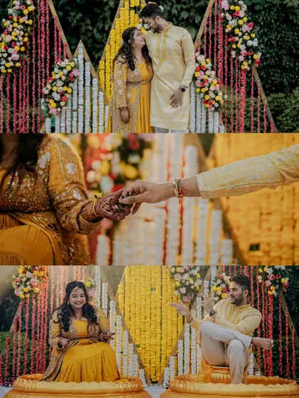 A collage of key moments from a Haldi ceremony, including couple portraits, henna details, and playful interactions.