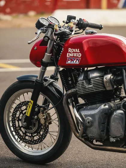 A close-up of the Continental GT-650, a perfect blend of beauty and beast. This bike is as stunning to look at as it is to ride on the track.