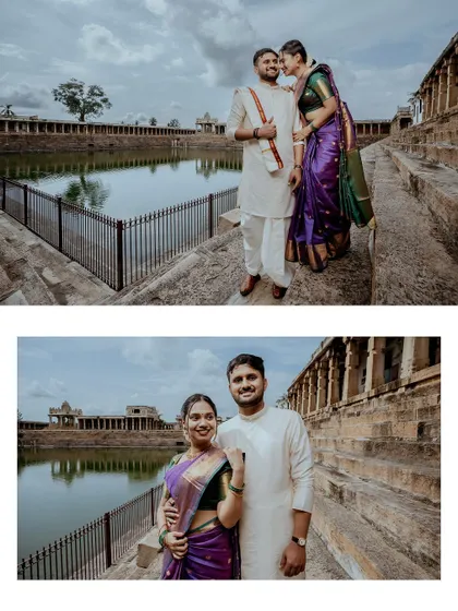A two-panel layout showing the couple posing by a temple pond, capturing both a candid interaction and a formal portrait against the stunning architectural backdrop.