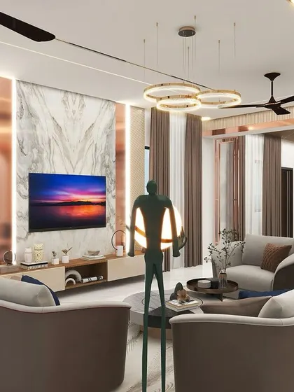 A 3D visualization of the TV and entertainment area, featuring a marble accent wall and vertical copper-toned panels. The design is both modern and glamorous.