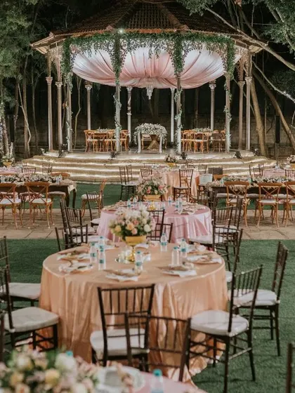 For this garden reception, we created a romantic dining experience inside a beautiful gazebo. The soft pink drapes and lush greenery created an intimate and elegant setting for the couple's celebration.