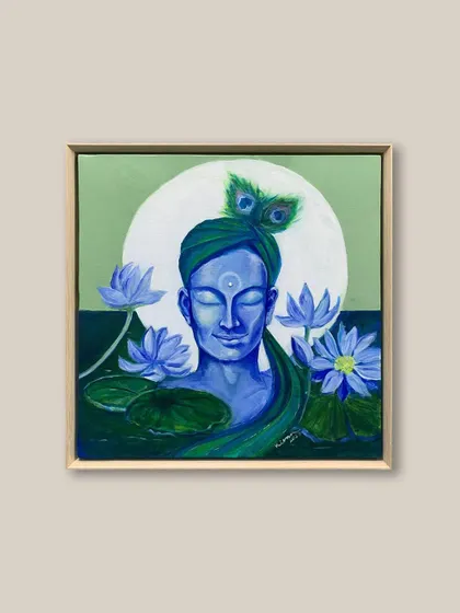 This serene painting of a deity is presented in a light-colored wooden floater frame. The natural wood tone complements the artwork's tranquil mood and organic elements.