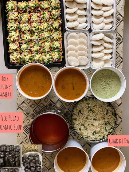 A South Indian touch to the menu with Idly, Chutney, and Sambar, served alongside Veg Pulao and Tomato Soup.