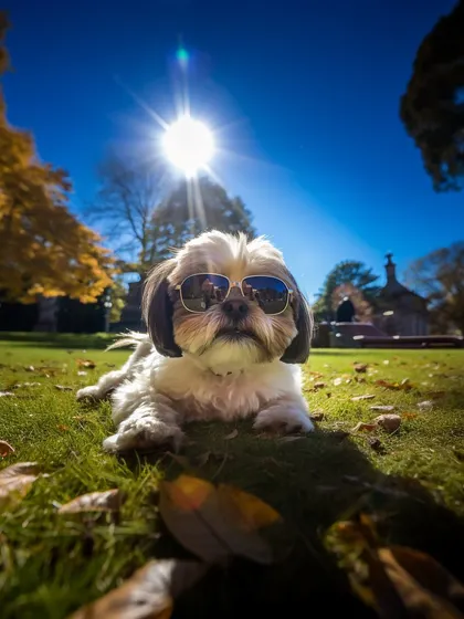 Soaking up the sun in style. This cool Shih Tzu knows how to enjoy a relaxing break in the grass between play sessions.