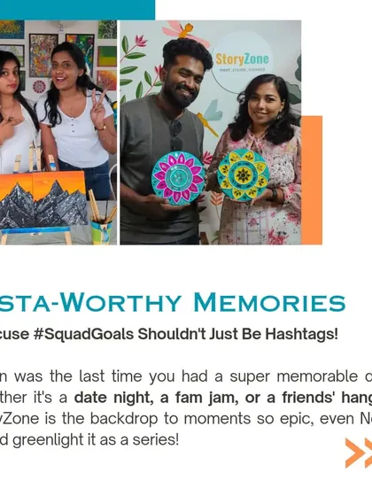 A graphic highlighting that StoryZone is the perfect place for "Insta-worthy memories," whether it's a date night, a family jam, or a friends' hangout.