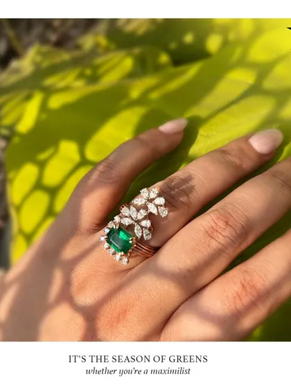 It is the season of greens, whether you are a maximalist or a minimalist. This stunning emerald and diamond ring makes a bold statement with its floral inspired design.