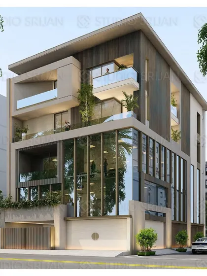 Another perspective of the Naraina Vihar residence, showing how the different levels and materials interact to form a complex and visually engaging structure.