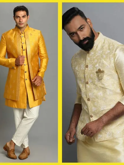 A golden yellow three-piece kurta set. This pre-loved outfit exudes festive charm and is perfect for a wedding guest look.