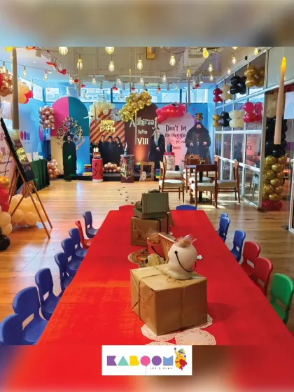 A view of our Harry Potter party setup, showing the themed decorations, character standees, and colorful seating that await the young wizards and witches.
