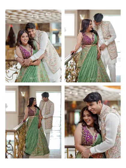 A collage of happy moments from their Roka ceremony, capturing their playful interactions on the staircase of a grand venue.