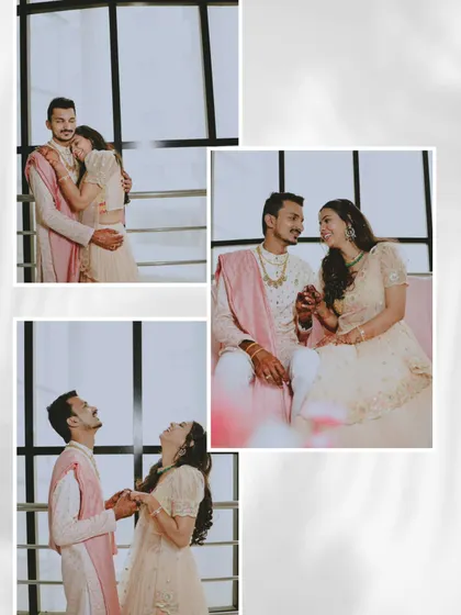 A collage of happy and candid moments from an engagement shoot.