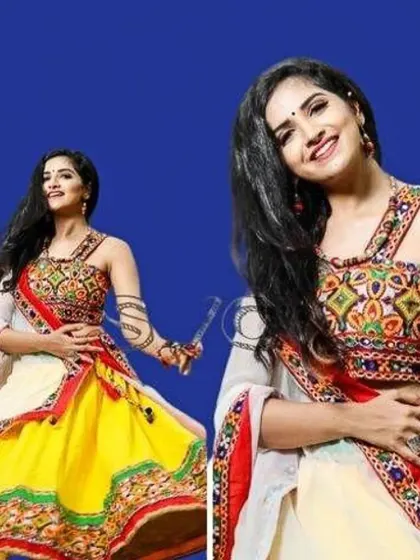 A promotional image showing two variations of a dandiya-special chaniya choli. Both feature a heavily embroidered blouse and a flared skirt, one in yellow and one in off-white, showcasing different styling options.