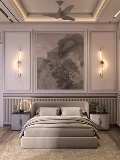 Designed for the grandparents, this room exudes timeless warmth and comfort. Classic wall moldings, elegant sconce lighting, and a calm, neutral color palette create a serene and traditional space.