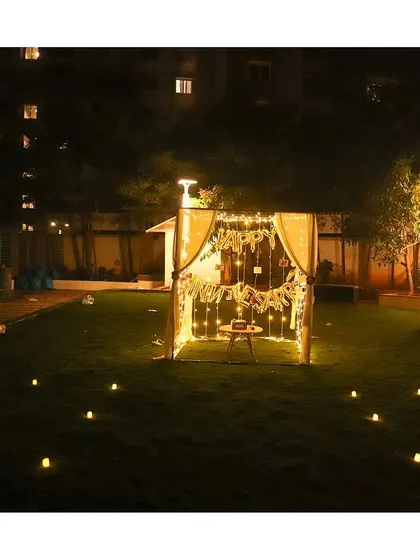 A beautiful view of our garden cabana at night. The setup becomes the glowing centerpiece of the yard, perfect for a private dinner or celebration.