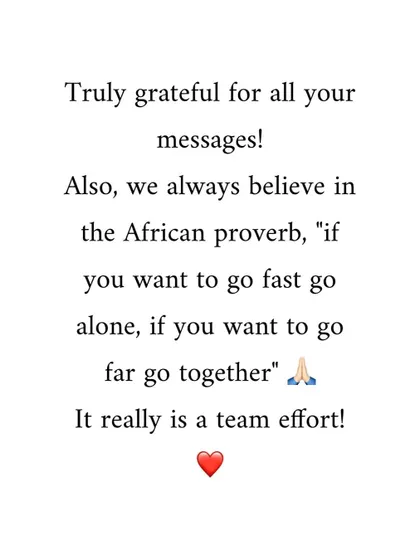 This African proverb, "if you want to go fast go alone, if you want to go far go together," is the guiding philosophy of our firm. Our success is truly a team effort.