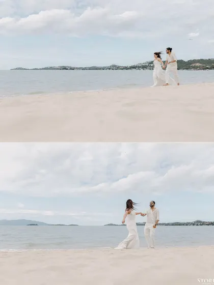 A two-panel image capturing the playful and romantic movements of a couple on the beach.