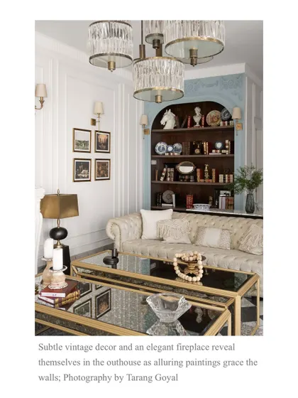A snippet from our Elle Decor feature, highlighting the subtle vintage decor and elegant fireplace in this serene retreat.