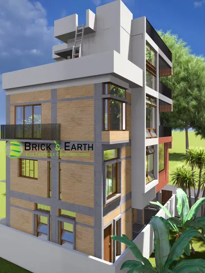 This render shows a different angle of the building from image ID 10, giving a clearer view of the side elevation and how the different structural elements come together.