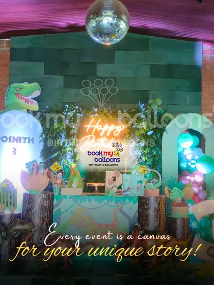 "Every event is a canvas for your unique story." This dinosaur themed party for Poshith shows how we use creative lighting and props to paint a picture and tell a story with our decor.