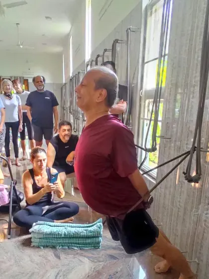 Additional images from my personal practice and teaching sessions, demonstrating a wide variety of asanas and the use of props. Each photo shows a moment of exploration in the journey of yoga.