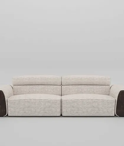 This sofa, with its dual cushions and clean lines, offers a contemporary look. The rich wood accents on the arms add a touch of warmth and sophistication.