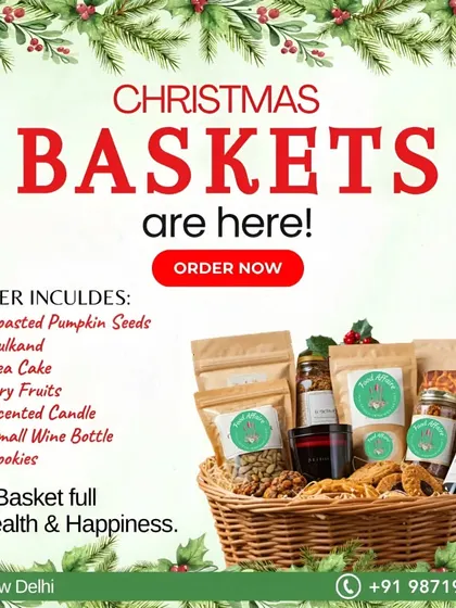 Our Christmas baskets are here to spread the holiday cheer. This hamper includes a mix of healthy and indulgent treats like roasted pumpkin seeds, tea cake, dry fruits, and cookies.