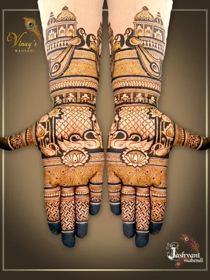 This series showcases a designer mehndi rich with fauna, including peacocks, swans, and elephants, blended with lotus flowers and traditional patterns for a full and festive look.