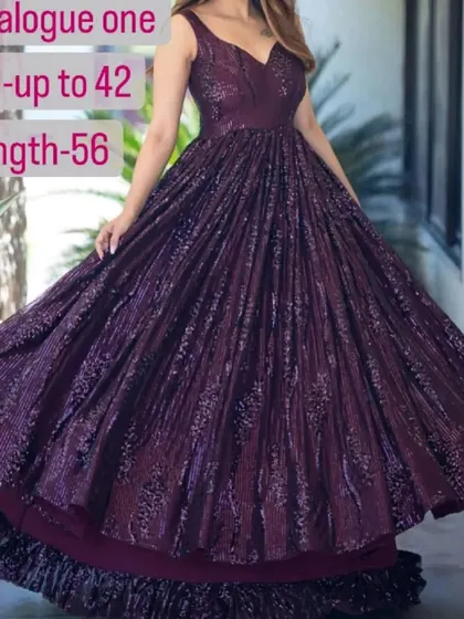 This image shows the sizing and length details for our purple sequin gown, which is available up to size 42.