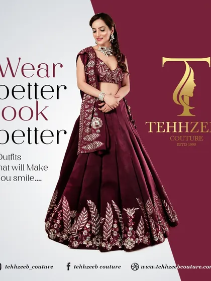 For the bride who loves rich, deep colors. This magnificent wine-colored lehenga is heavily embroidered with silver threadwork, creating a regal and unforgettable bridal statement.