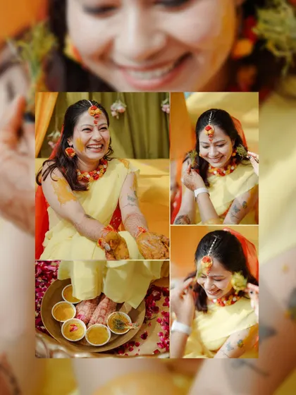A collage of the bride's joyful and candid moments during her Haldi ceremony. Her laughter and smiles are infectious.