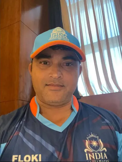 Pravin Tambe representing the India Maharajas team in the Legends League Cricket tournament, proudly wearing the national colors.