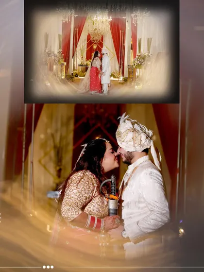 A creative collage blending a wide shot of the wedding stage with a close-up, intimate moment of the couple.