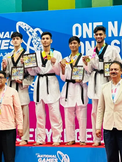 The victory podium at the 37th National Games in Goa. Our champion Ajay Gill stands tall with the Gold medal.
