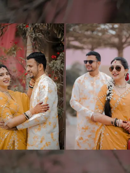 This collage features romantic and candid portraits of the couple during their Haldi ceremony. Their stylish sunglasses add a touch of modern swag to the traditional event.