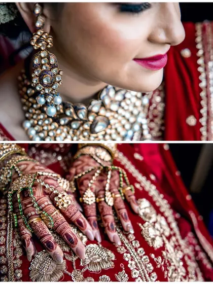 A detailed collage focusing on the bride's magnificent jewelry and the intricate patterns of her mehndi.